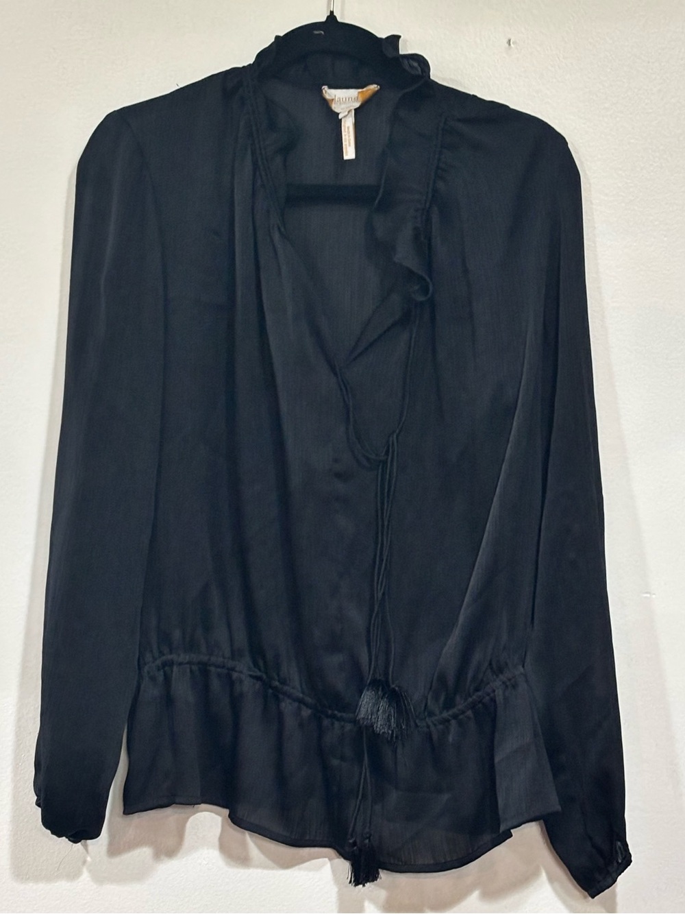Laundry by Shelli Segal Blouse 10 Black Sheer Ruffle V Neck Tassel Smocked Boho